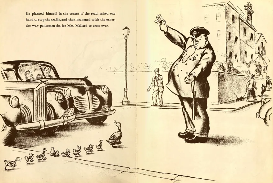 A page spread from Make Way for Ducklings showing a policeman stopping traffic to let the ducks cross the street