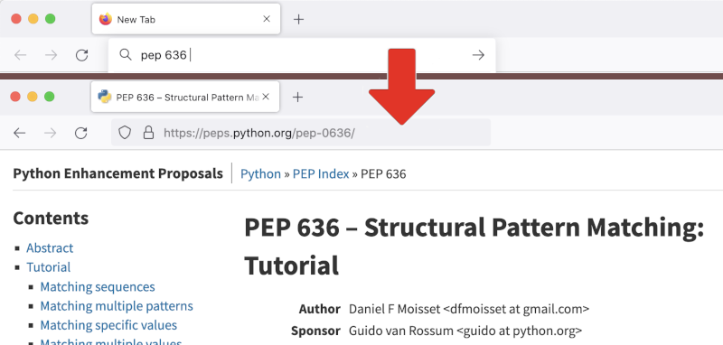 Showing a shortcut of 'pep 636' jumping to PEP 636