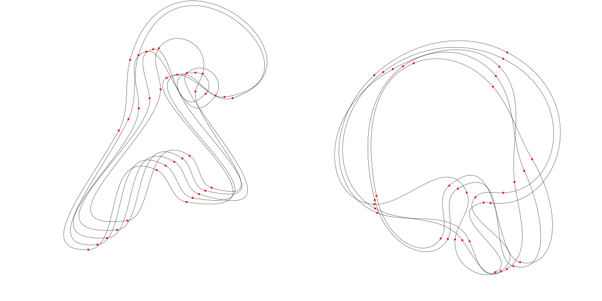 Drawing curves through the points, widely spaced to show the construction