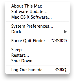 Apple menu, with Force Quit Finder with four modifier keys