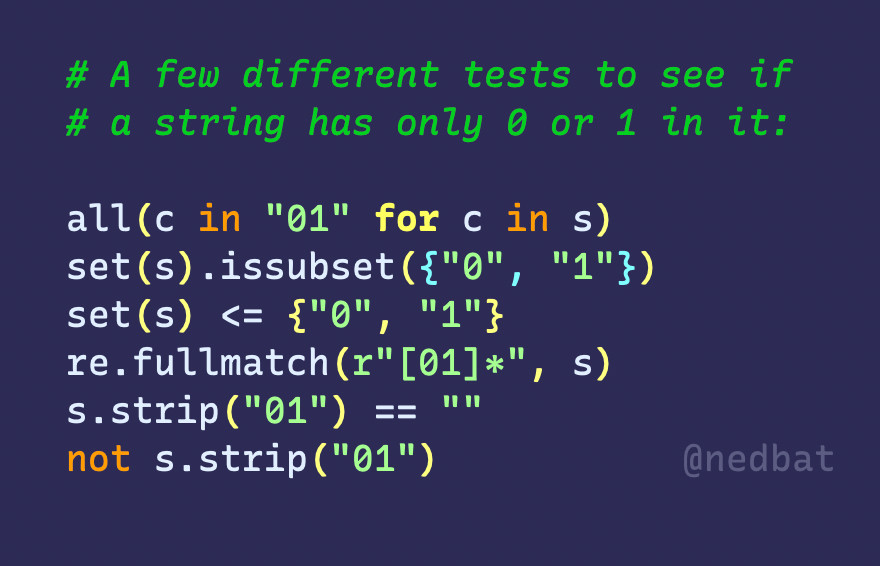 Python expressions checking if a string is only zeros and ones