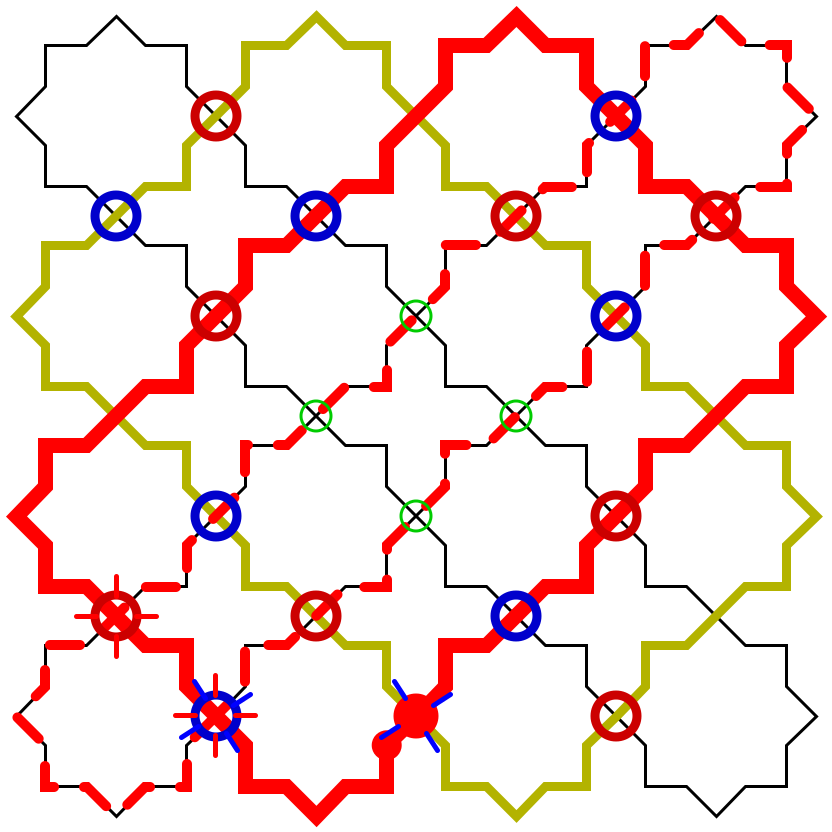 A skeleton of a weaving pattern with different colored and patterned lines, and intersections marked in various ways