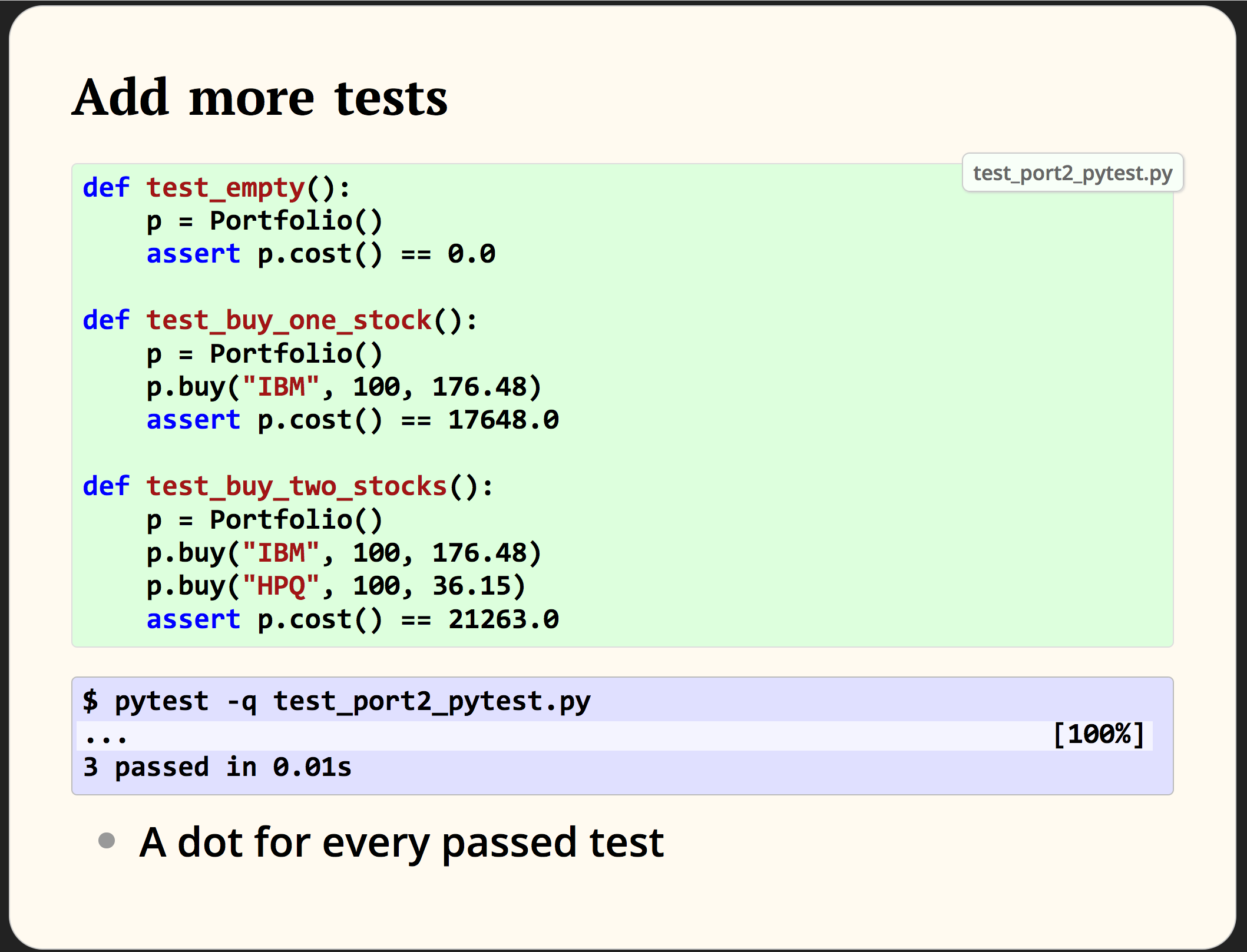A slide from the presentation showing three test functions